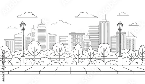a detailed black and white line drawing showcases a modern cityscape with towering buildings lush trees and a peaceful pedestrian pathway in the foreground