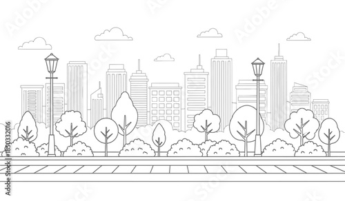 a detailed line drawing showcases a cityscape with prominent skyscrapers trees street lamps and a railroad track in the foreground high quality professional