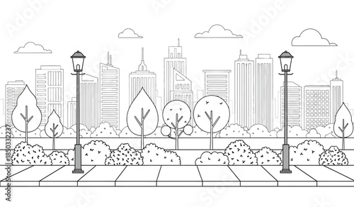 a detailed line drawing depicts a cityscape with prominent skyscrapers trees street lamps and a pedestrian walkway showcasing an urban park scene