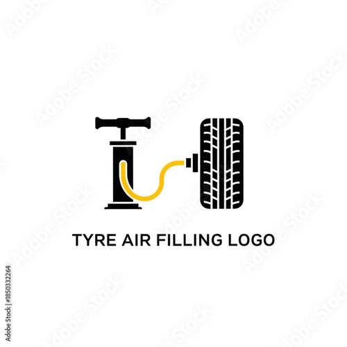Vector logo icon of a manual air pump connected to a car tire for inflation, isolated on white background