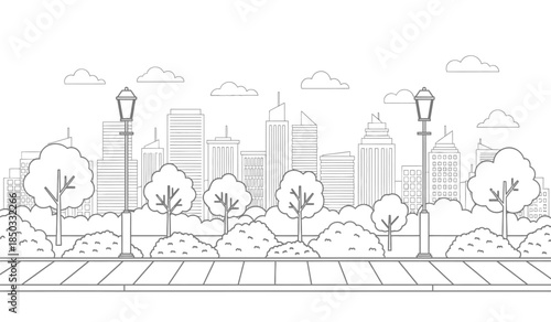this detailed black and white illustration depicts a cityscape with numerous buildings street lamps trees and clouds offering a serene urban landscape view