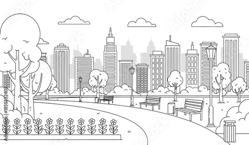 a detailed black and white line drawing depicts a sprawling cityscape with numerous buildings a park trees and pathways creating a peaceful urban scene