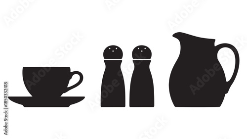 Coffee Cup Silhouette with Salt and Pepper Shakers and Pitcher in Simple Monochrome Design for Restaurant Menu
