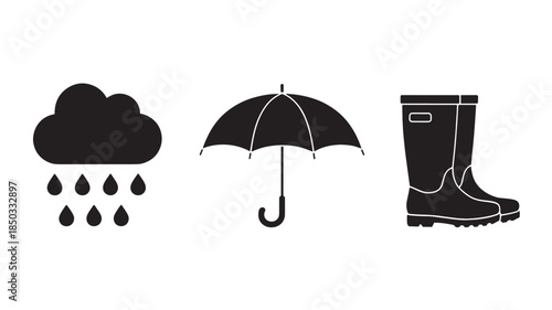 Rainy weather symbols in minimalist black silhouette with white accents on plain white background for weather forecast