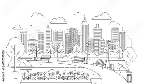 a detailed line drawing depicts a picturesque city skyline with prominent buildings a park area in the foreground and pathways for pedestrians enjoying the urban