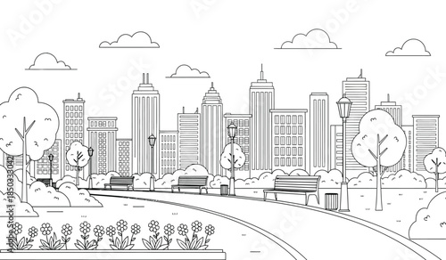 a detailed black and white illustration depicts a sprawling cityscape with towering skyscrapers a park walkway and lush trees creating a serene urban landscape