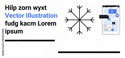 Digital interfaces, graphic design, seasonal concepts, mobile technology, user experience, online content. Snowflake and smartphone with web interface. Graphic design and digital interfaces concept