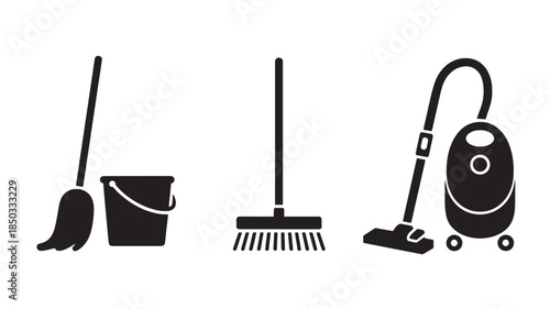 Cleaning Tools Silhouettes in Simple Monochrome Style with Black Color on White Background for Housekeeping
