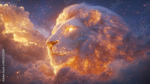 Lion-headed god, palette of twilight indigo, fiery coral, and shimmering gold, AI generated