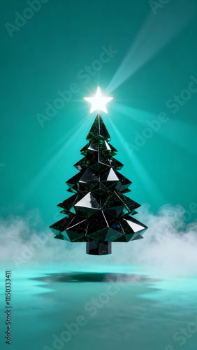Futuristic Black Obsidian Pine Tree With Bright Star, Volumetric Light, and Fog