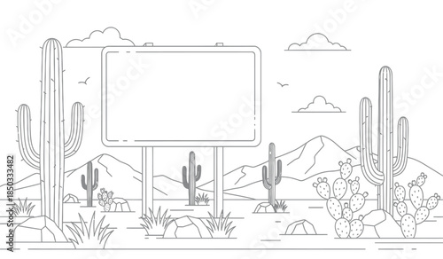 a simple black and white illustration depicts a desert landscape featuring cacti mountains clouds and a blank rectangular sign for messaging high quality