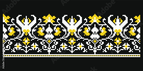 Folk pixel botanical white yellow ornament on black, traditional embroidery pattern of Poltava region, Ukraine