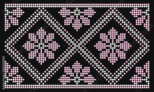 Repeated beaded pink white flower ornament for dark backgrounds, with Poltava region Ukraine embroidery motifs