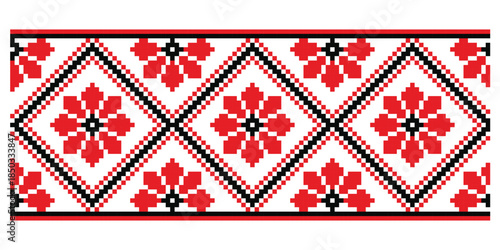 Pixel embroidery pattern with repeating flower motifs red and black colors, Ukrainian traditional motifs from Poltava region