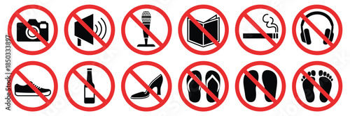 Prohibition icon collection, featuring flat red circle symbols for no camera, phone, food, pets, smoking, fire, noise, and additional restricted actions, perfect for public safety graphics