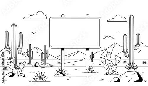 a simple black and white illustration depicts a desert landscape featuring a blank sign cacti mountains and a clear sky with clouds