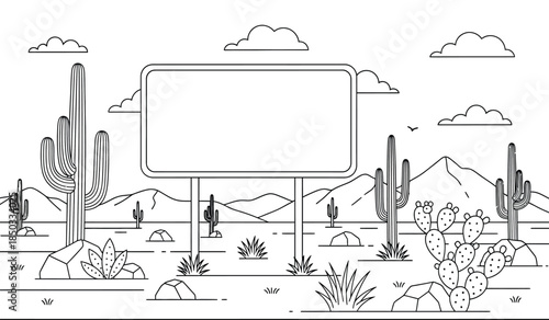 a black and white illustration depicts a desert landscape with cacti mountains clouds and a blank sign for messaging high quality professional detailed