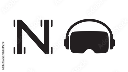 Virtual Reality Headset with Letter N in Modern Minimalist Design in Black Silhouette on White Background for Tech Logo