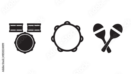 Percussion Instruments Set in Simple Flat Design with Black Color on White Background for Music Icon
