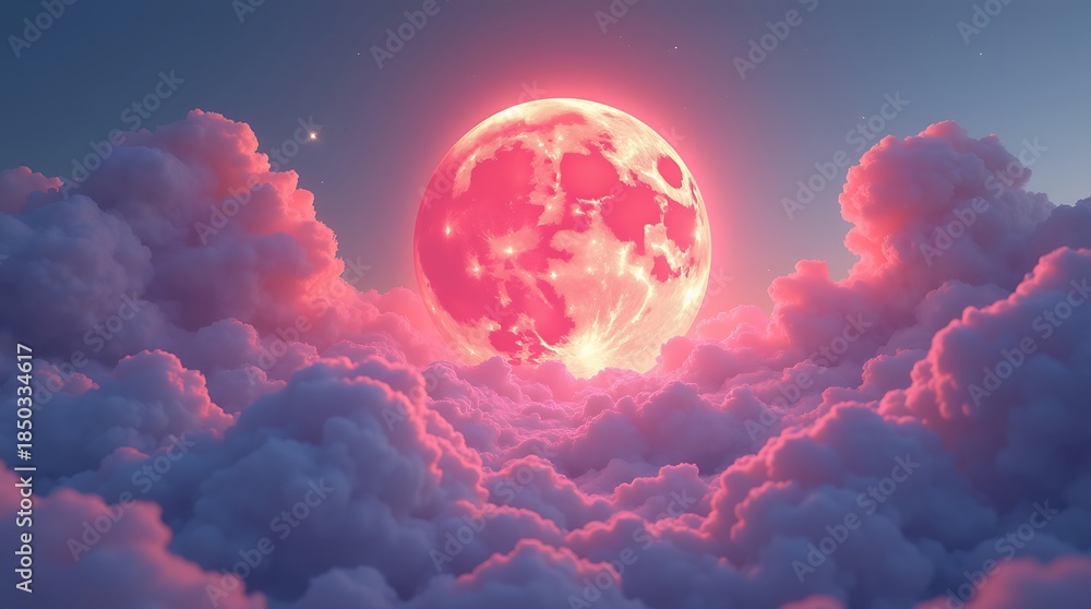 Fototapeta premium Vibrant pink moon glowing brightly in dreamy cloudy night sky