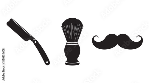 Shaving kit with straight razor, shaving brush, and mustache in minimalist black silhouette on white background for mens grooming