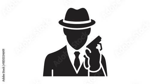 Mysterious man in fedora holding gun in silhouette style with dramatic lighting on white background for detective theme