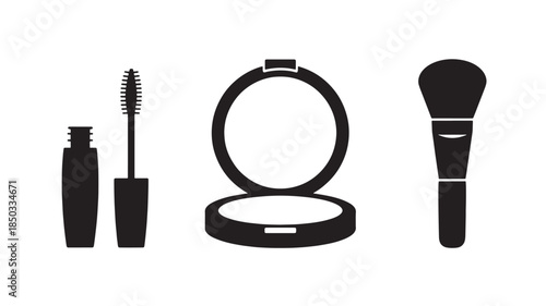 Makeup Brushes and Cosmetics in Simple Flat Design with Black Silhouette on White Background for Beauty Advertising