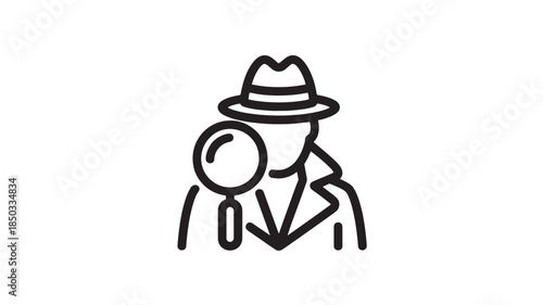Detective with magnifying glass in minimalist line art style with dark gray color on white background for detective agency