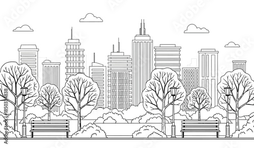 a detailed line drawing showcases a sprawling cityscape with prominent skyscrapers trees in bloom and park benches along a pathway high quality professional