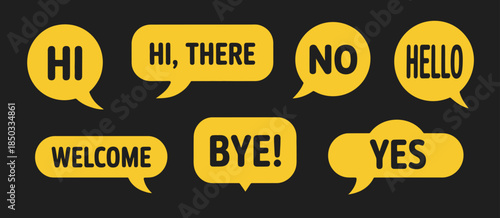 Speech Bubble Icons Set, vector illustration featuring hello, hi, welcome, yes, no, bye text stickers, perfect for chat messages, communication apps, dialogue design, social media graphics