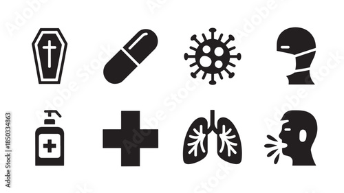 Medical Icons Set in Simple Black Silhouette with White Accents on White Background for Healthcare Design