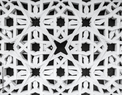 Intricate geometric pattern carved in white, against a dark background, creates a strong contrast and complex design