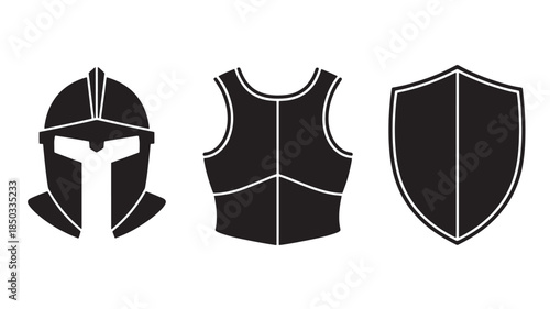 Medieval Knight Armor Set in Minimalist Style with Simple Black Silhouette on White Background for Graphic Design