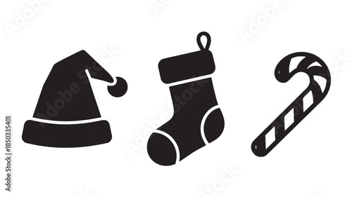 Christmas icons set in minimalist style with black color on white background for holiday decoration