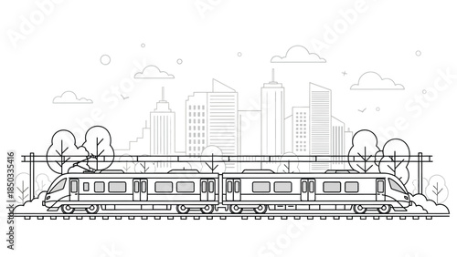 a simplistic line drawing depicts a modern commuter train traveling along tracks in front of a city skyline with clouds above high quality