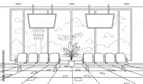 a detailed line drawing depicts an empty airport waiting area with rows of seats facing large windows showcasing a cloudy sky and airplane