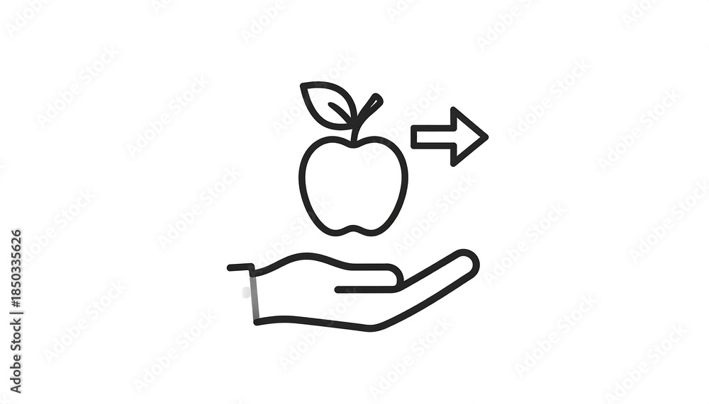 Fototapeta premium Line drawing hand offering an apple with a leaf, pointing right with an arrow icon. Simple, clean vector graphic