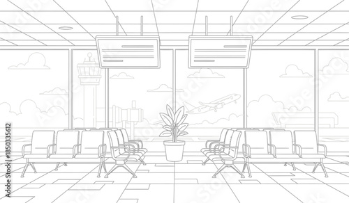 a detailed line drawing depicts an empty airport waiting area with rows of chairs facing large windows showcasing airplanes high quality professional modern