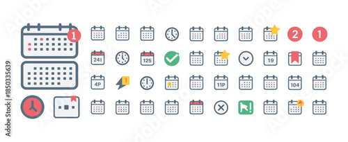 Collection of calendar and clock icons with notifications Keywords: calendar, clock, icon. Vector illustration.