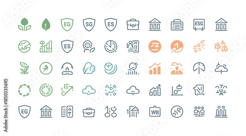Collection of ESG and business icons in muted colors. Vector illustration.
