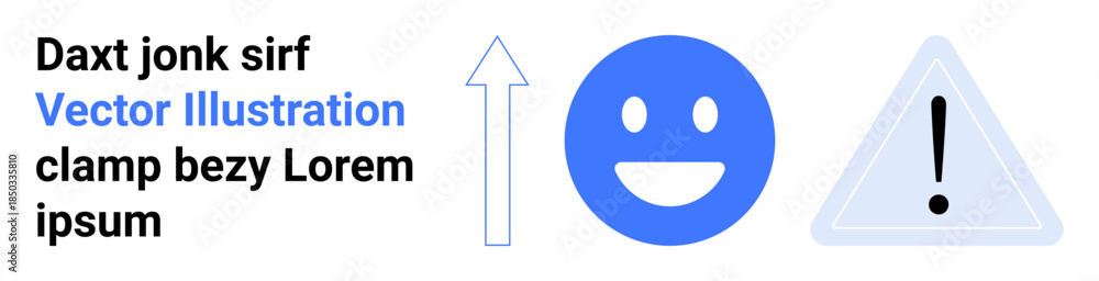 Fototapeta premium Navigation, emotion, safety, direction, positivity, caution. Blue upward arrow, happy face and warning triangle in a clean layout. Navigation and emotion concepts