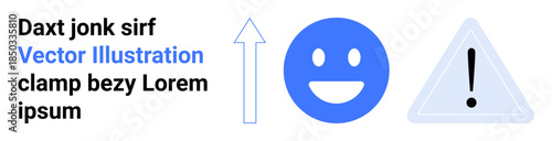 Navigation, emotion, safety, direction, positivity, caution. Blue upward arrow, happy face and warning triangle in a clean layout. Navigation and emotion concepts