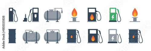 Set of fuel station and energy icons fuel pump gas station. Vector illustration.