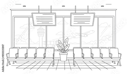 a minimalist line drawing depicts an airport waiting area with rows of chairs screens and a view of an air traffic control tower and planes