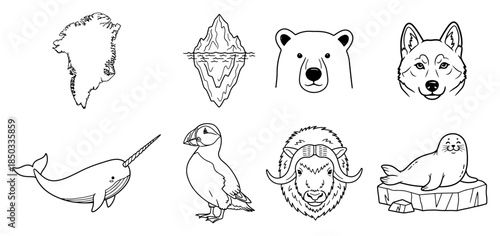 Greenland arctic animals and nature vector line icon set wildlife outline illustration collection