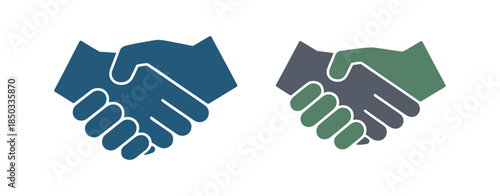 Two handshake icons in blue and green color schemes handshake, agreement, deal. Vector illustration.
