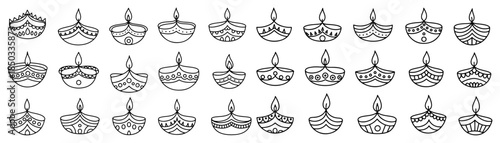 Collection of hand drawn Diya lamps for Diwali festival Indian traditional oil lamp outline icons set Hindu symbol of light vector illustration
