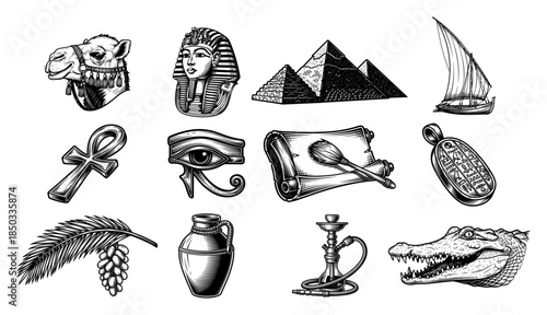 Egypt sketch vintage icons set Ancient Egyptian culture travel and history symbols collection