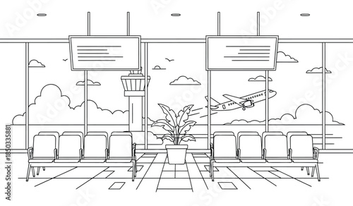 a detailed line drawing depicts an airport waiting area with rows of seats a view of the runway and control tower high quality