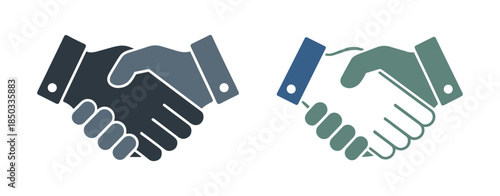 Two handshake icons in different color schemes Keywords: handshake, agreement, deal, partnership. Vector illustration.